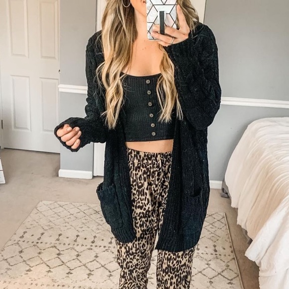 Love Tree Chenille Black Cardigan With 
